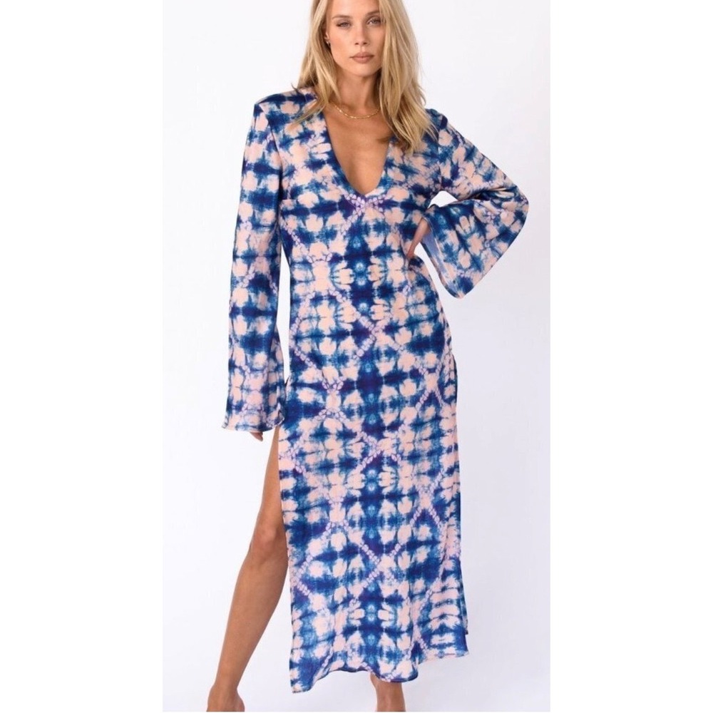 Skatie Venice Tie Dye Shibori Maxi Dress Blue White V-Neck Bell Sleeve Medium‎
